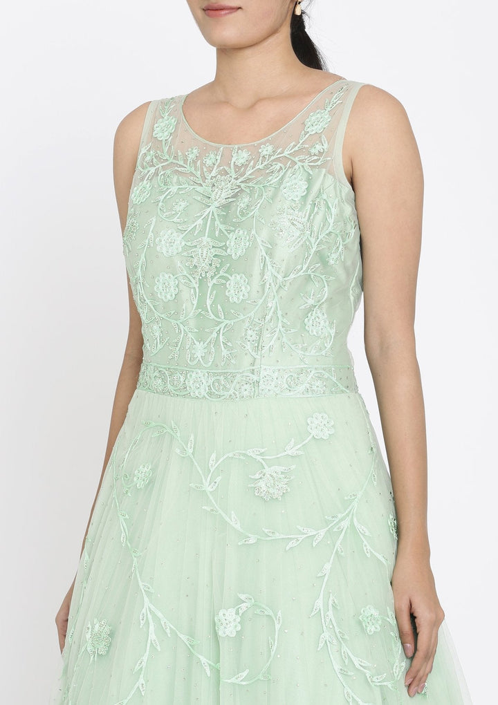 Pista Green Stonework Net Designer Gown - koskii