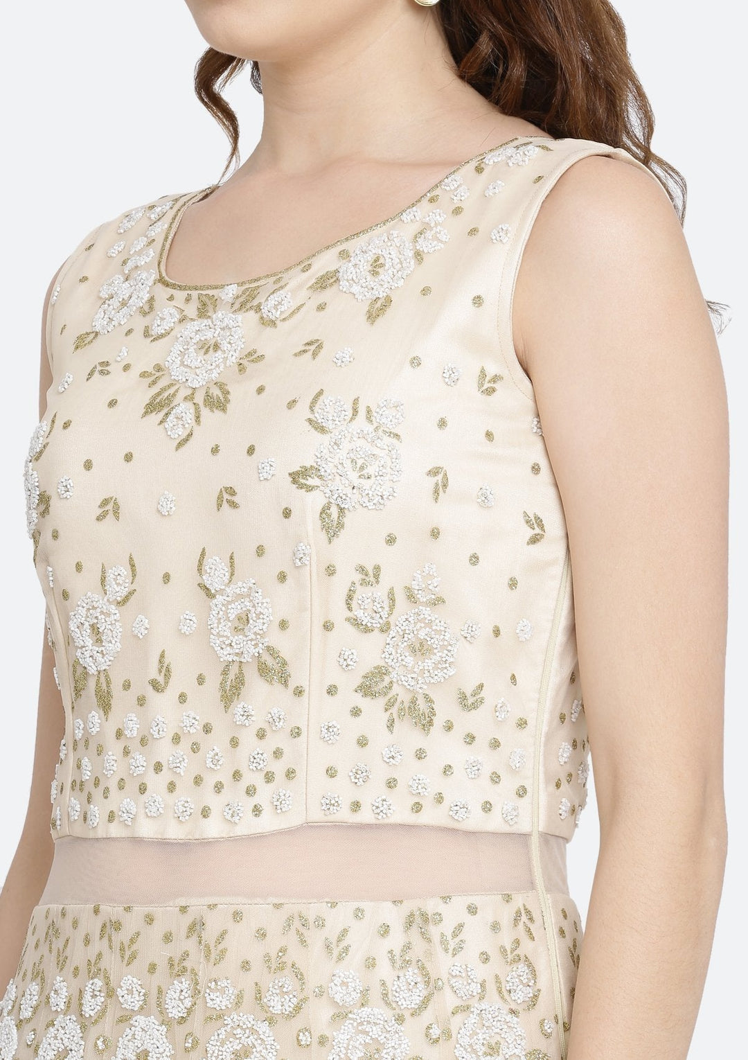 Beige Cutdana Net Designer Gown-Koskii