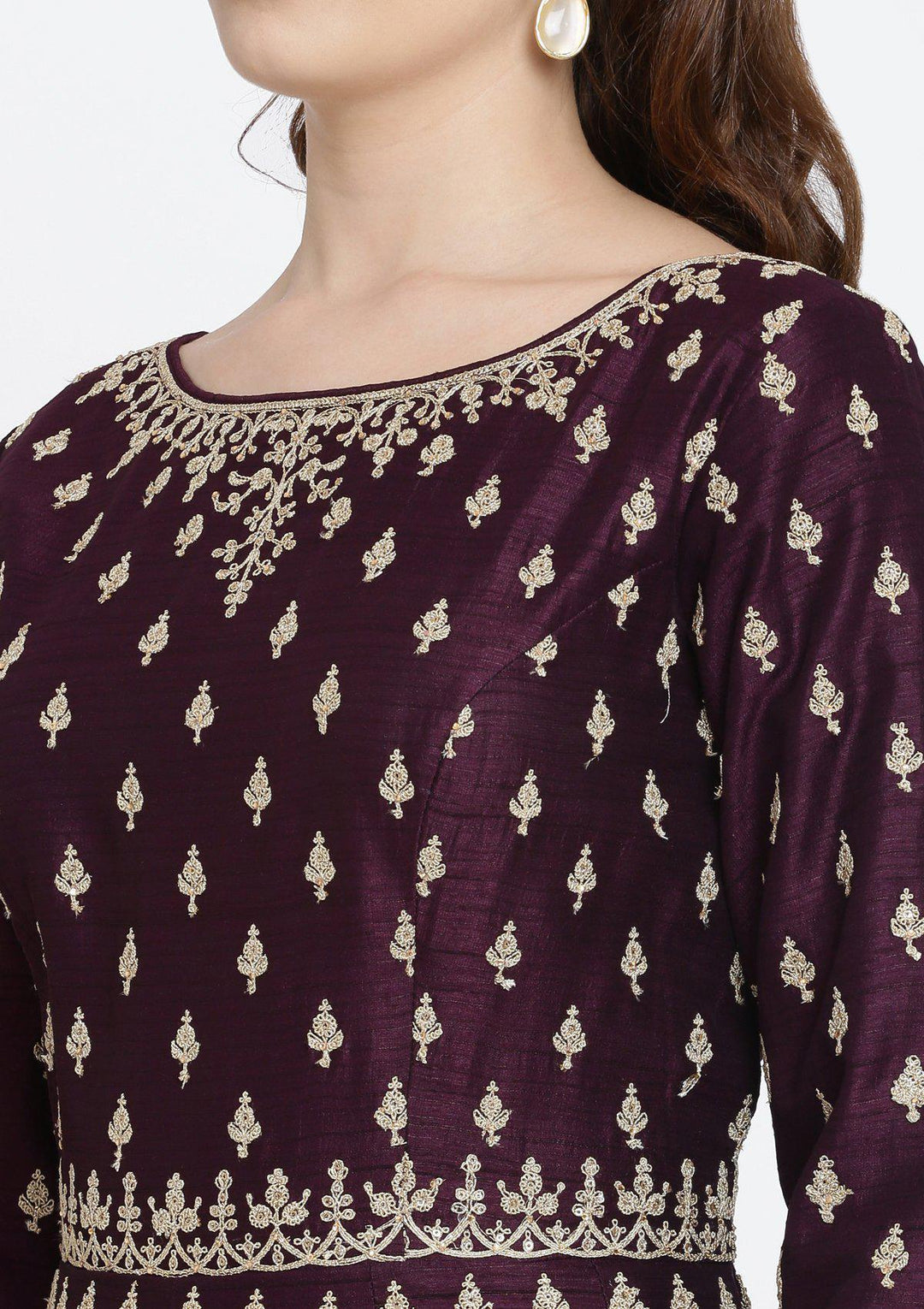 Wine Zariwork Raw Silk Designer Gown-Koskii