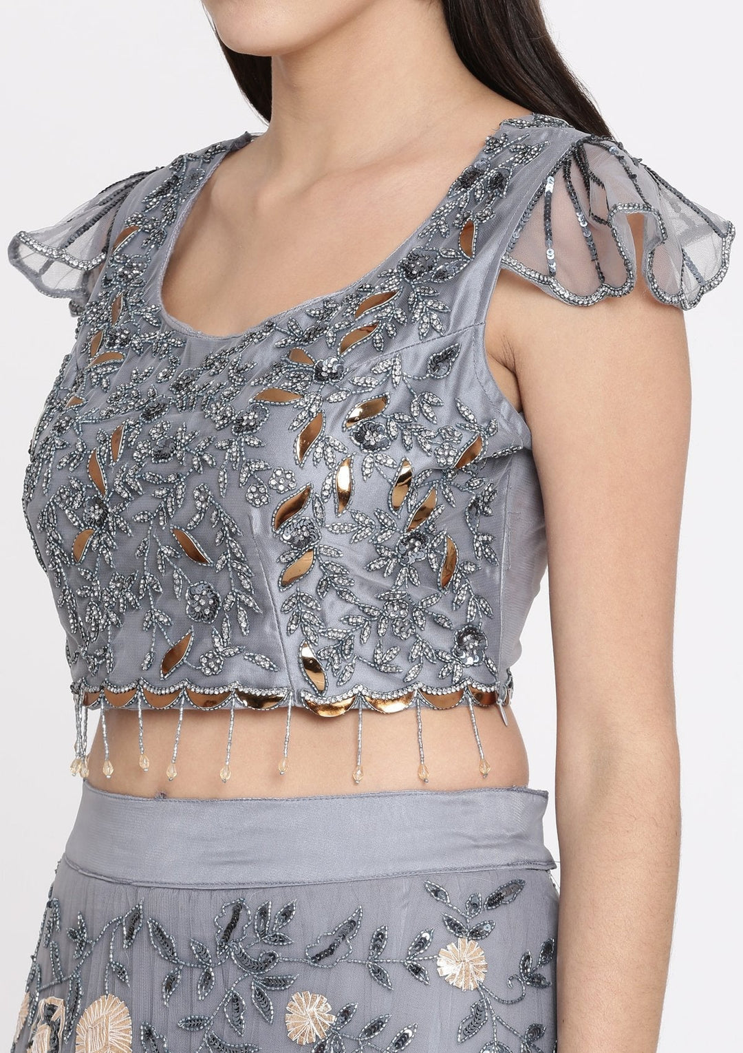 Dark Grey Cutdana Net Designer Lehenga-Koskii