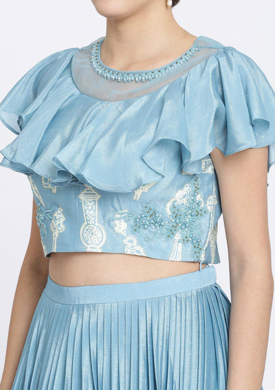 Baby Blue Print Satin Designer Lehenga-Koskii