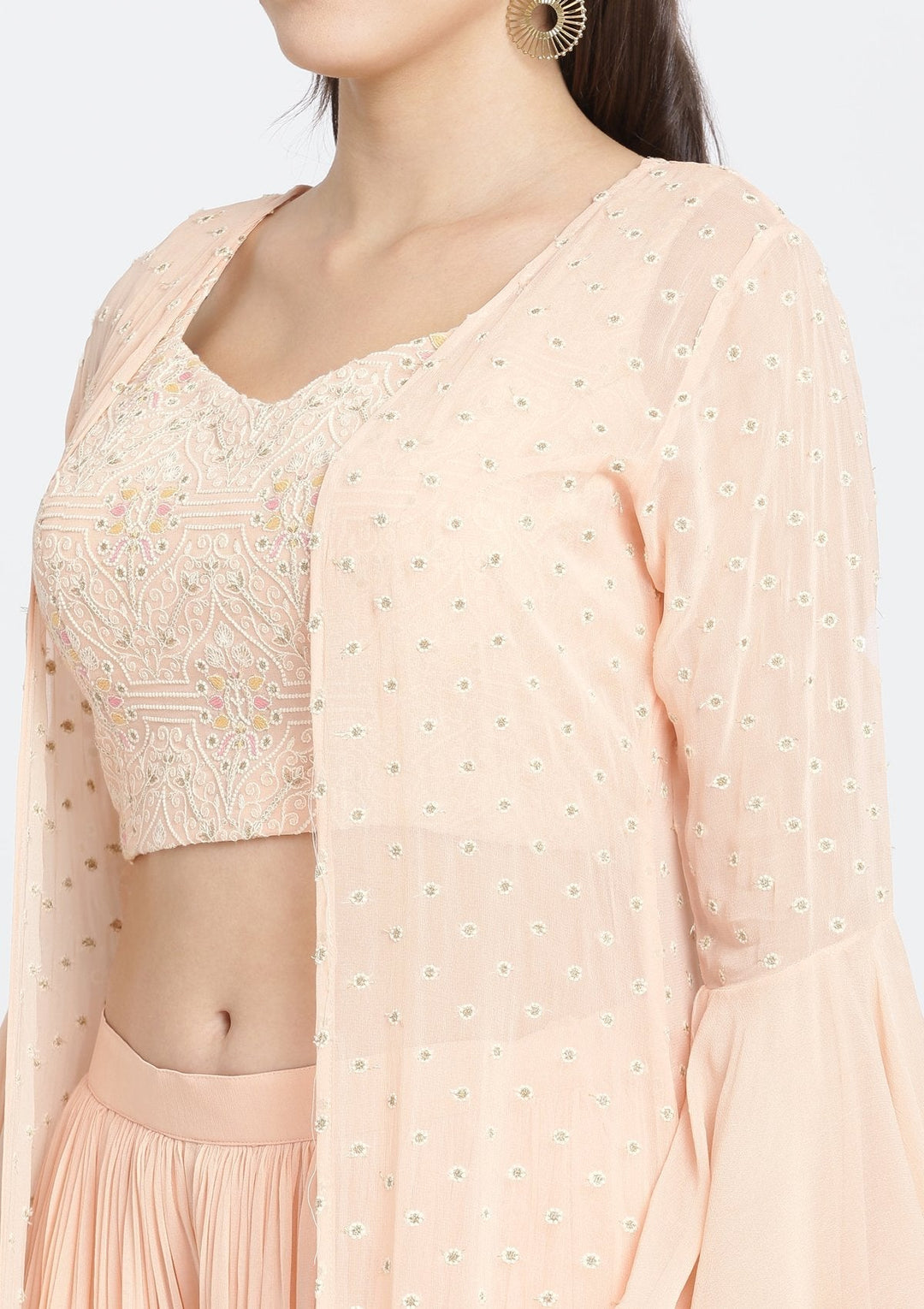 Peach Threadwork Georgette Designer Crop Top Set-Koskii