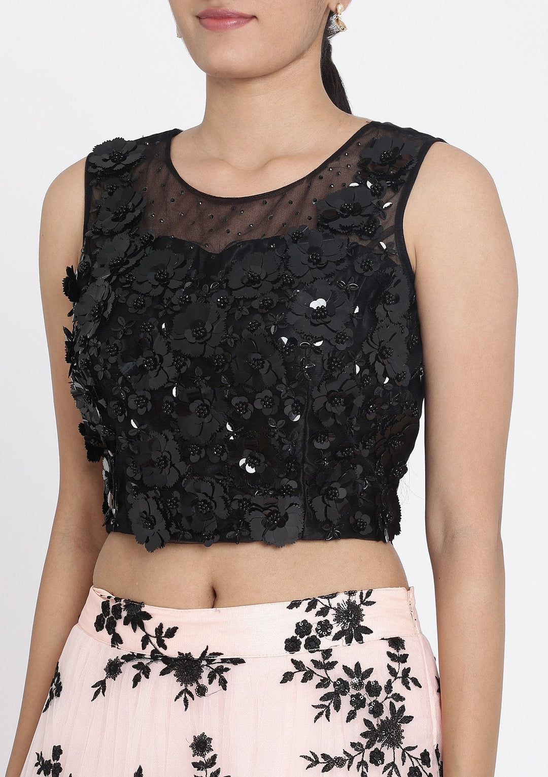 Baby Pink And Black Applique Net Designer Lehenga - koskii