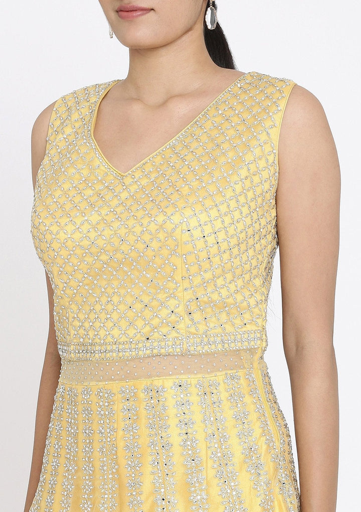 Yellow Silver Stonework Net Designer Gown - koskii