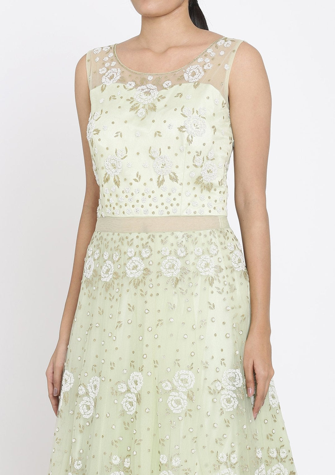 Pista Green Cutdana Net Designer Gown - koskii