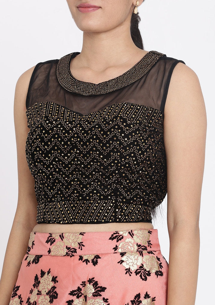 Pink And Black Swarovski Tissue Designer Lehenga - koskii