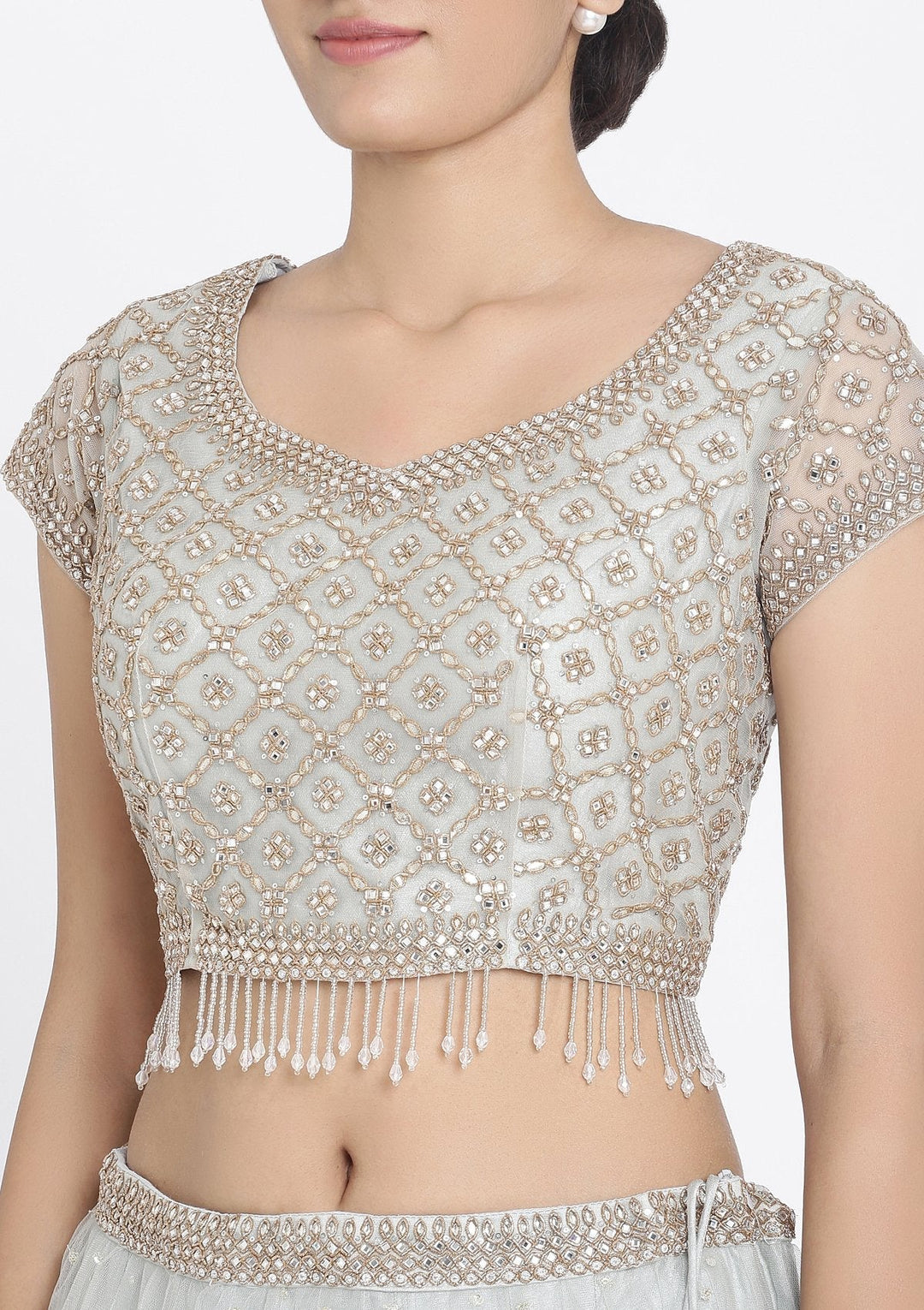 Light Grey Stonework Net Designer Lehenga - koskii