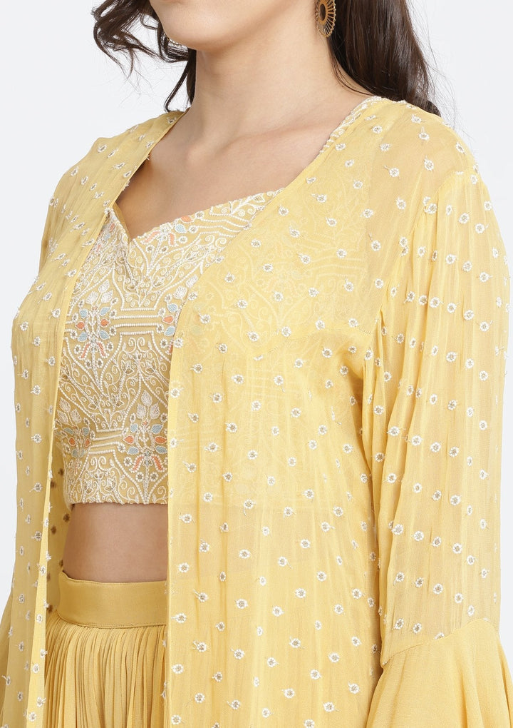 Yellow Threadwork Georgette Designer Crop Top Set-Koskii