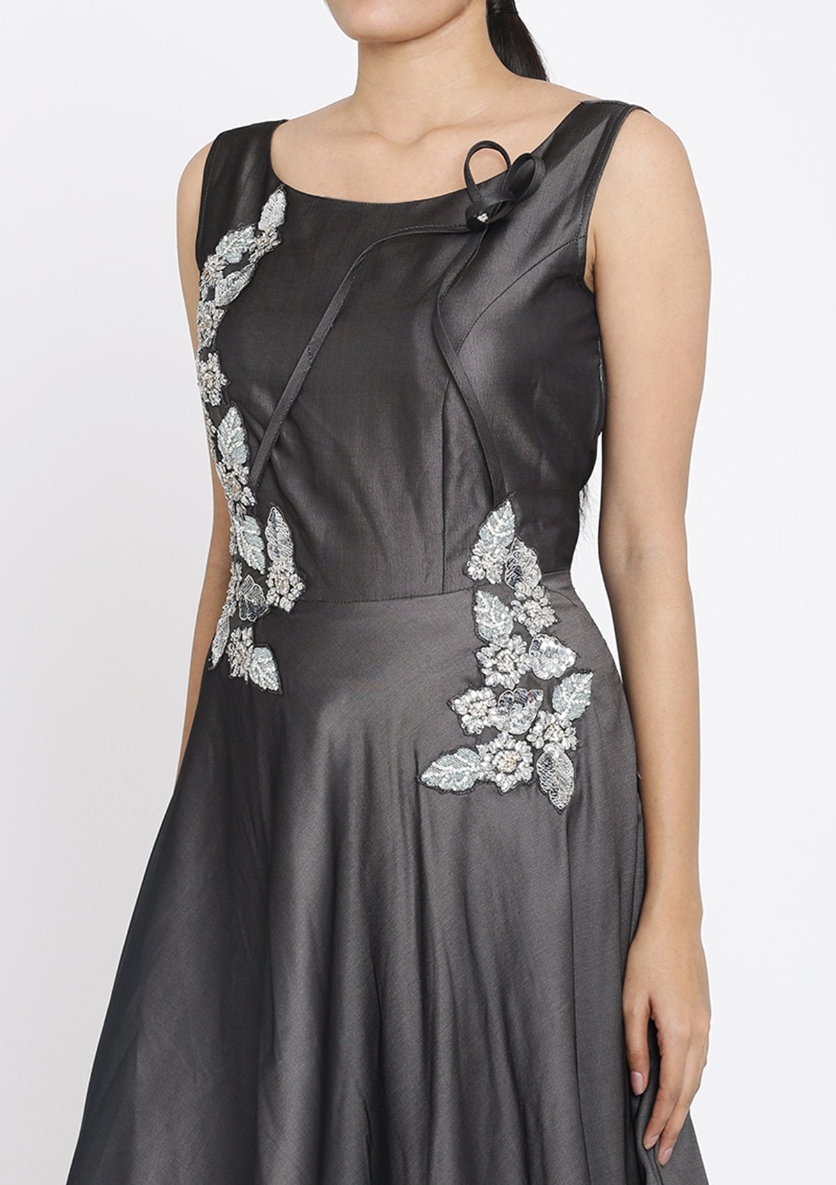 Dark Grey Sequins Taffeta Silk Designer Gown - koskii