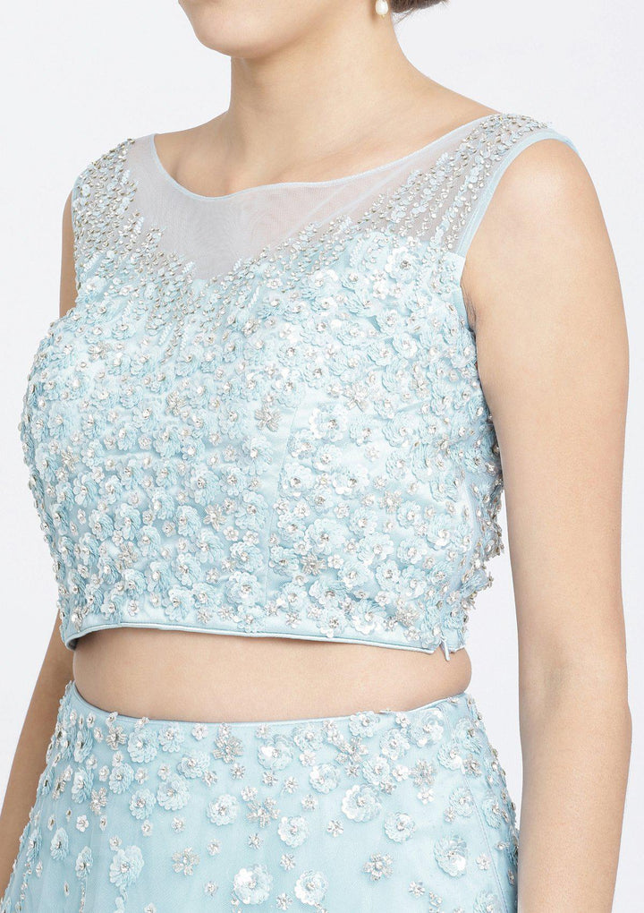 Sky Blue Sequins Net Designer Lehenga-Koskii