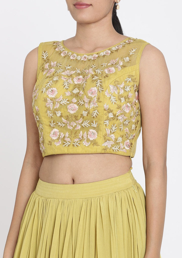 Mehendi Threadwork Georgette Designer Lehenga - koskii