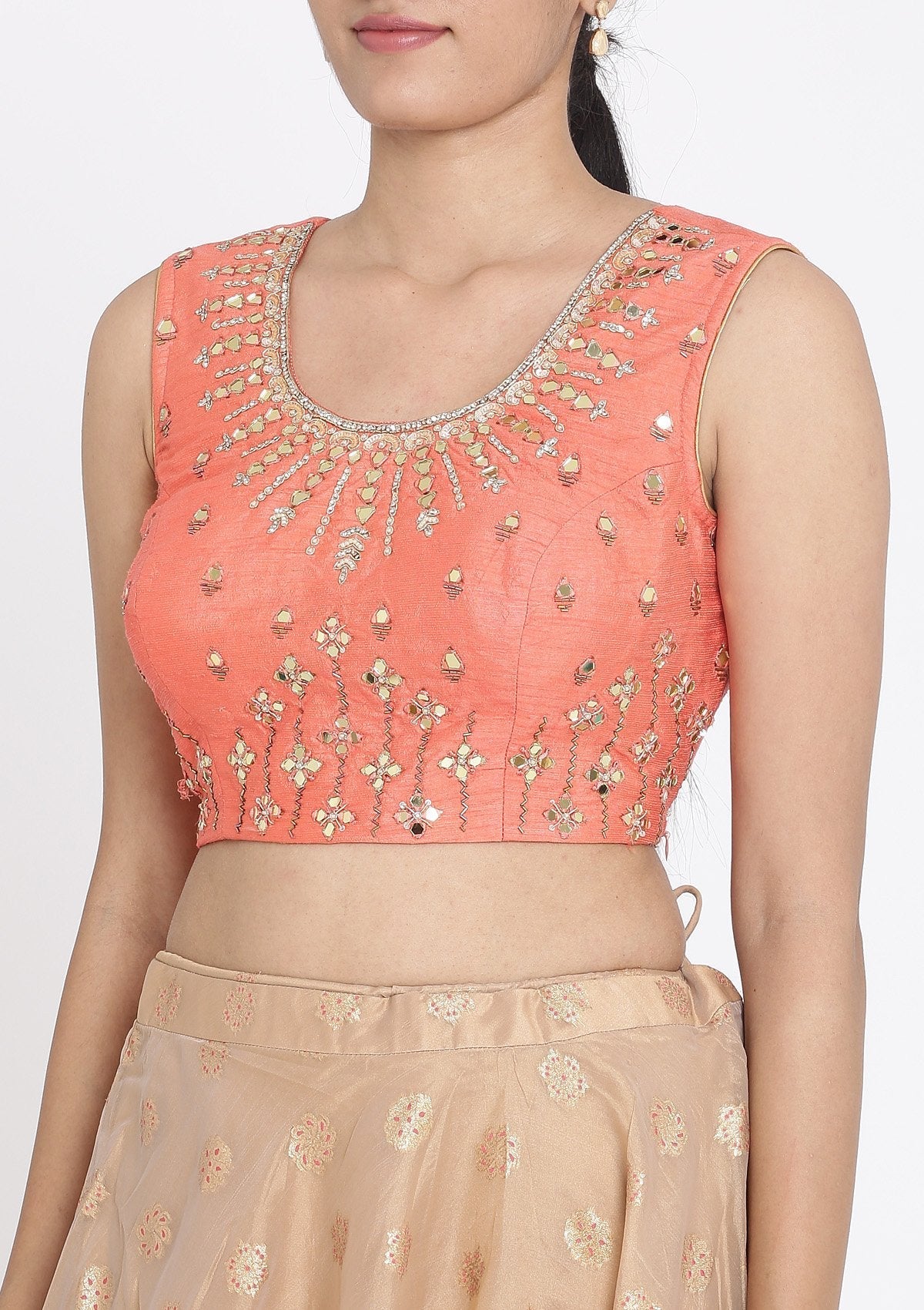 Light Brown And Peach Mirrorwork Tissue Designer Lehenga - koskii