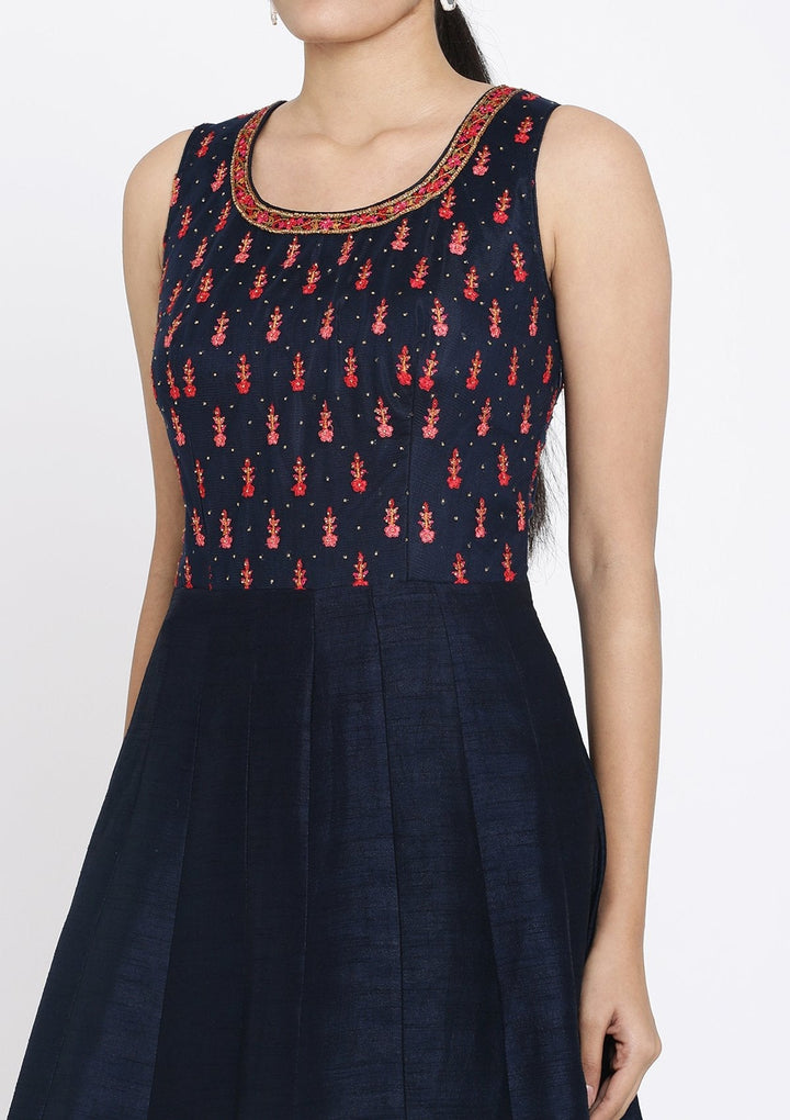 Navy Blue Swarovski Raw Silk Designer Gown - koskii
