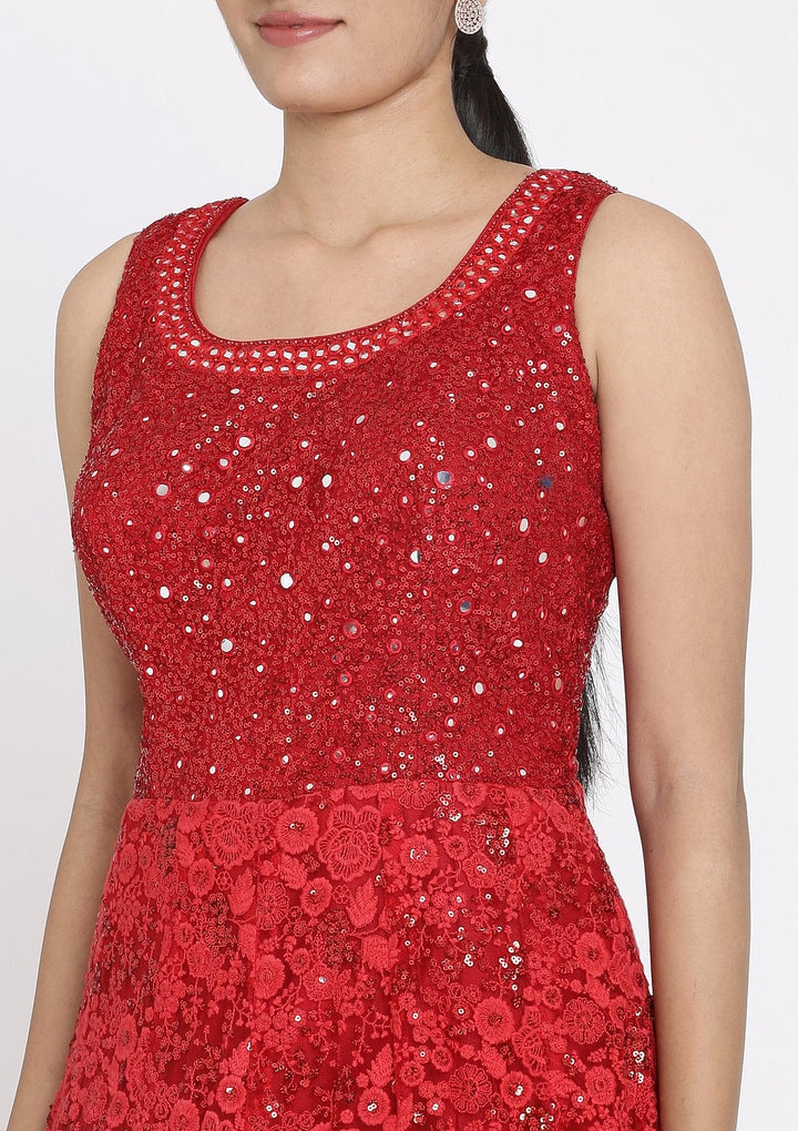 Red Chikankari Net Designer Gown - koskii