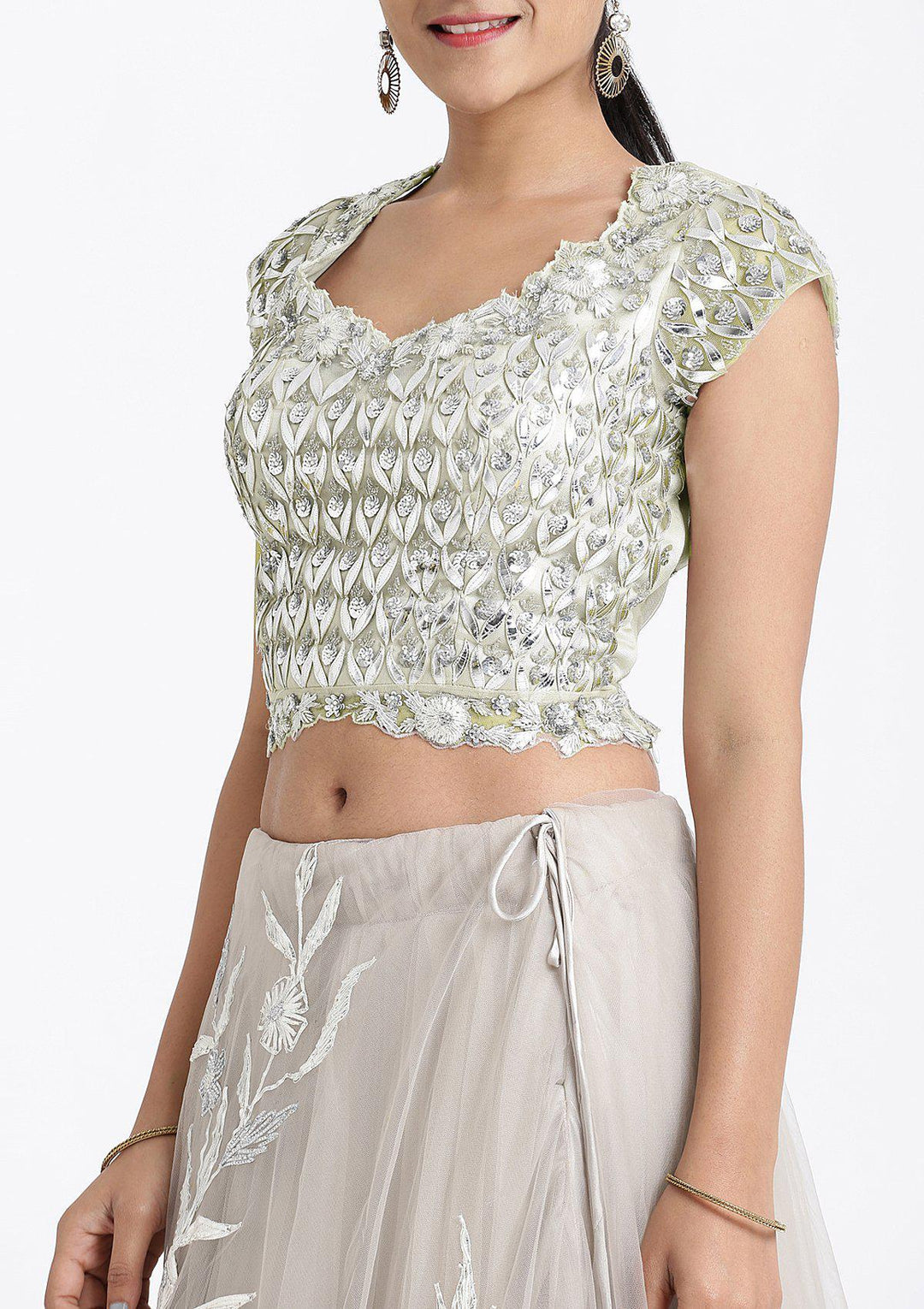Pista Green Sequinned Net Designer Lehenga-Koskii