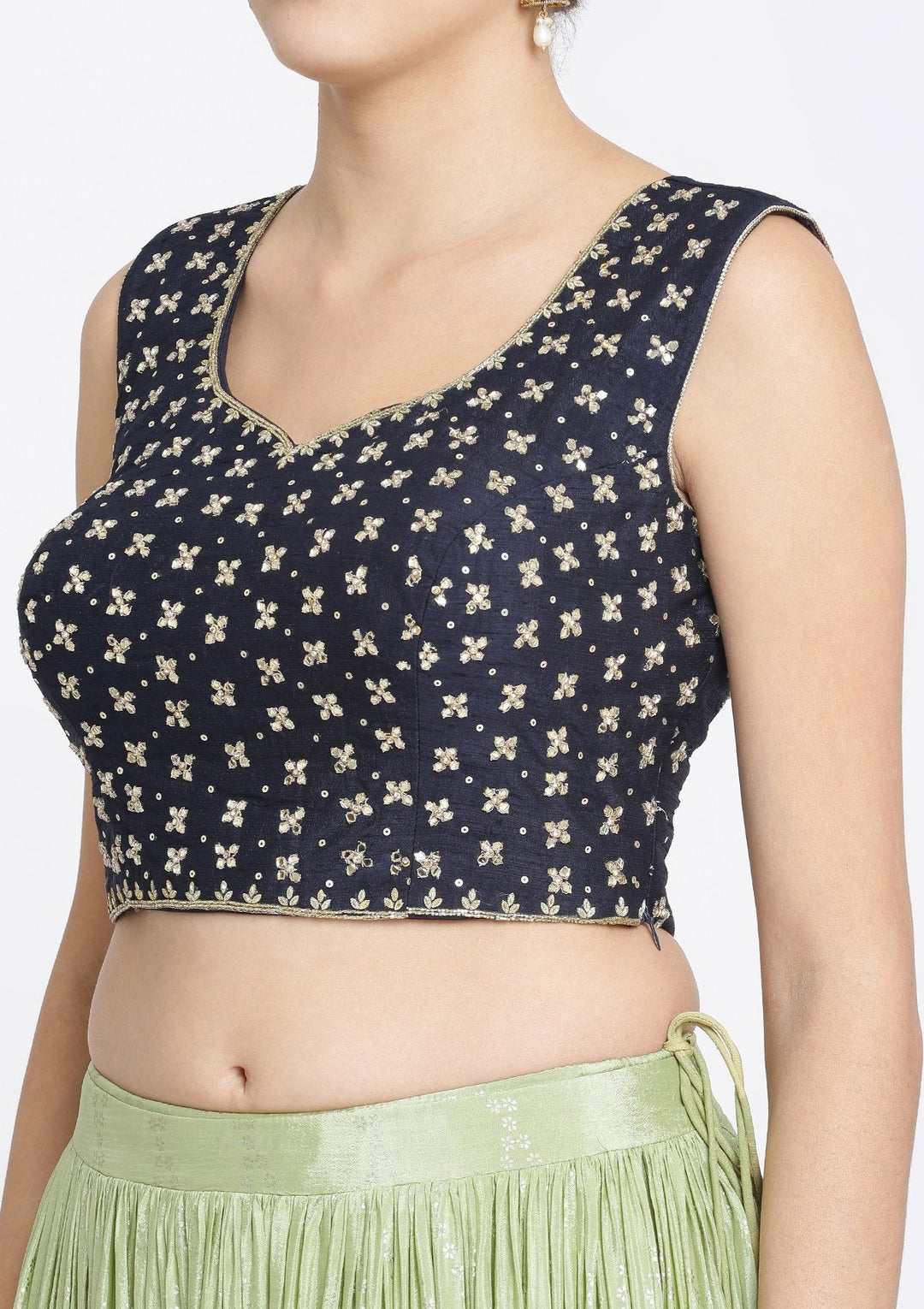 Pista Green and Navy Blue Mirrorwork Satin Designer Lehenga-Koskii