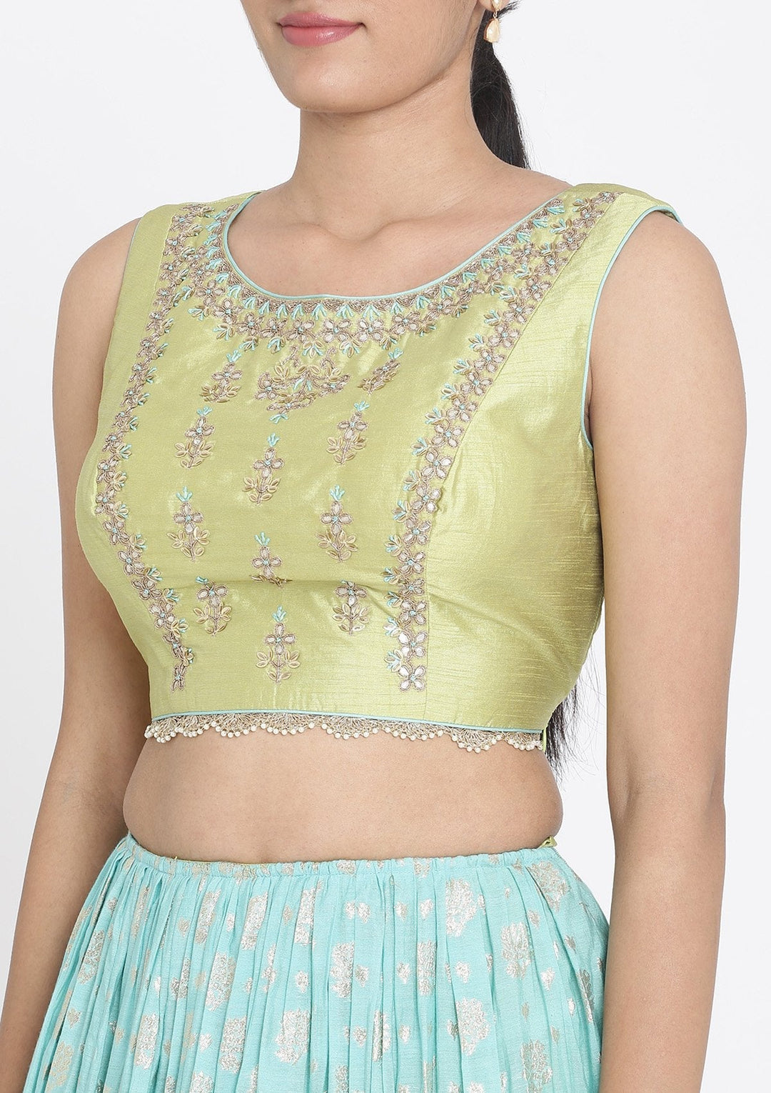 Sea Green And Pista Green Gotapatti Art Silk Designer Lehenga - koskii