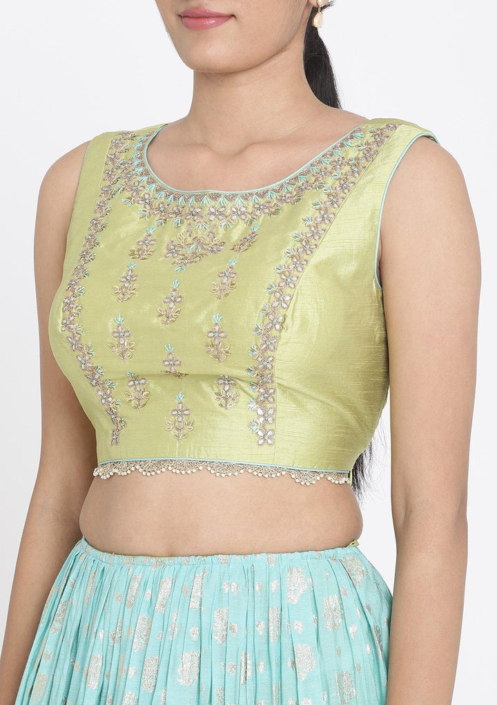 Sea Green And Pista Green Gotapatti Art Silk Designer Lehenga - koskii