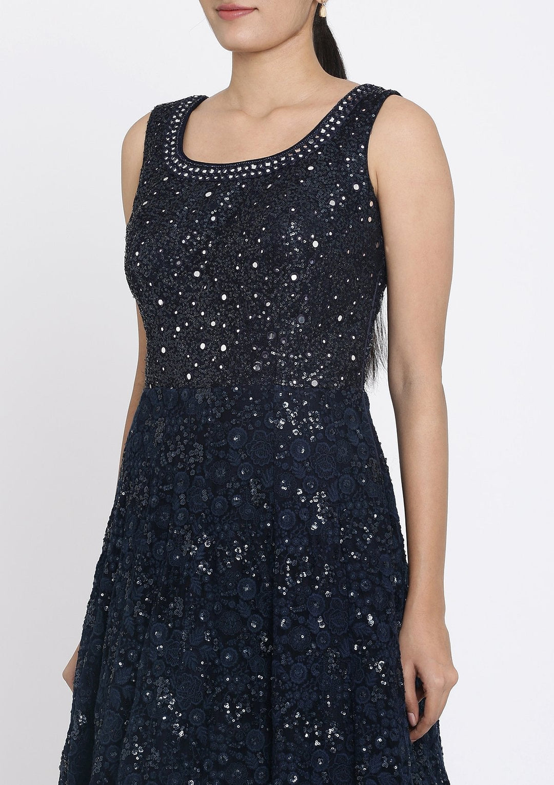 Navy Blue Chikankari Net Designer Gown - koskii
