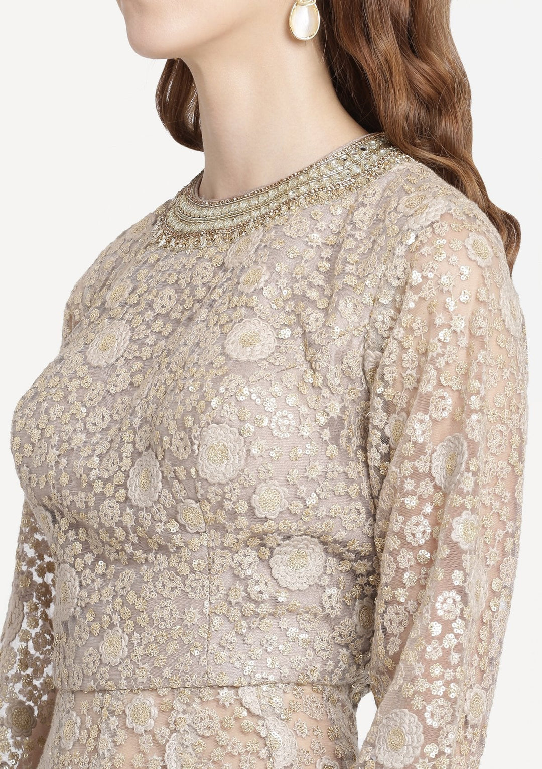 Light Grey Mirrorwork Net Designer Sharara-Koskii