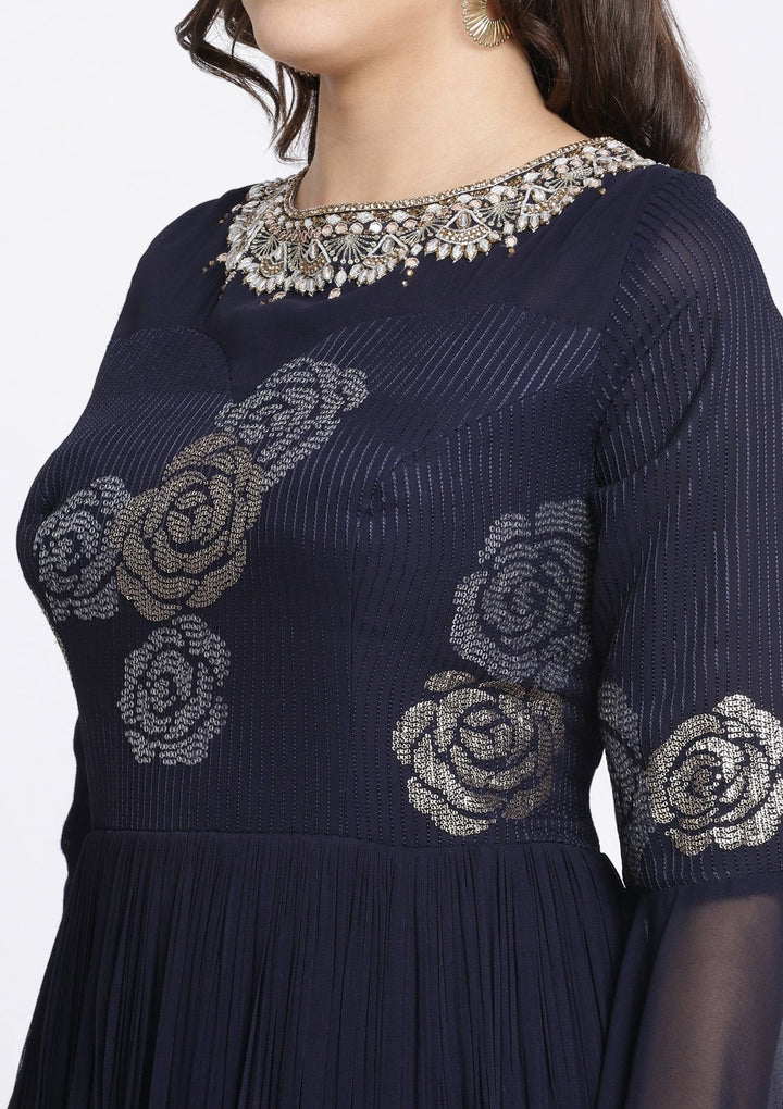 Navy Blue Sequinned Georgette Designer Gown-Koskii