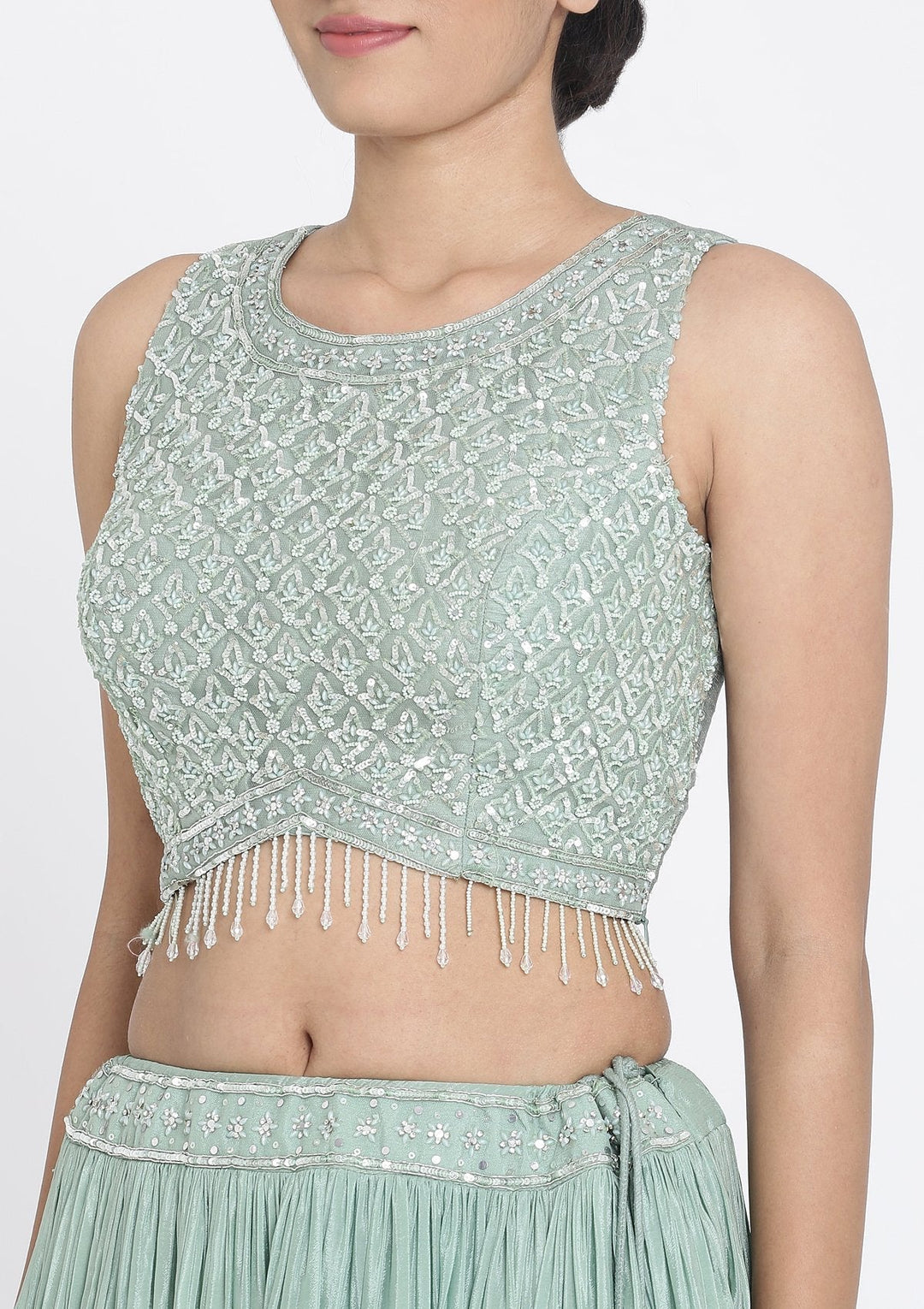 Pista Green Sequins Satin Designer Lehenga - koskii