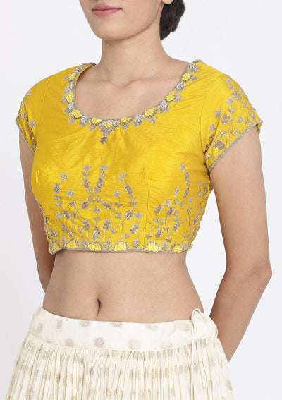 Cream And Yellow Zardosi Georgette Designer Lehenga - koskii