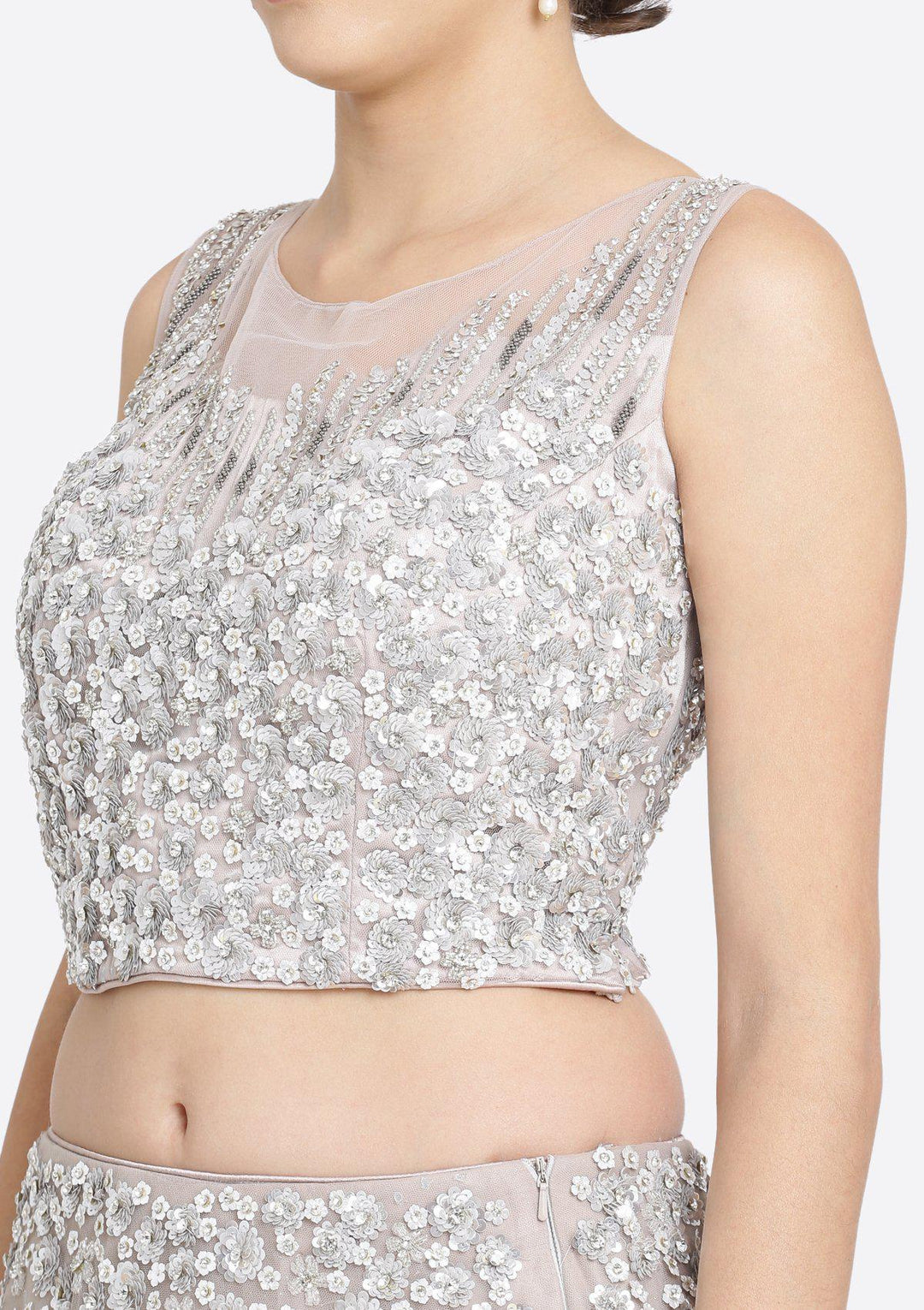 Light Grey Sequins Net Designer Lehenga-Koskii