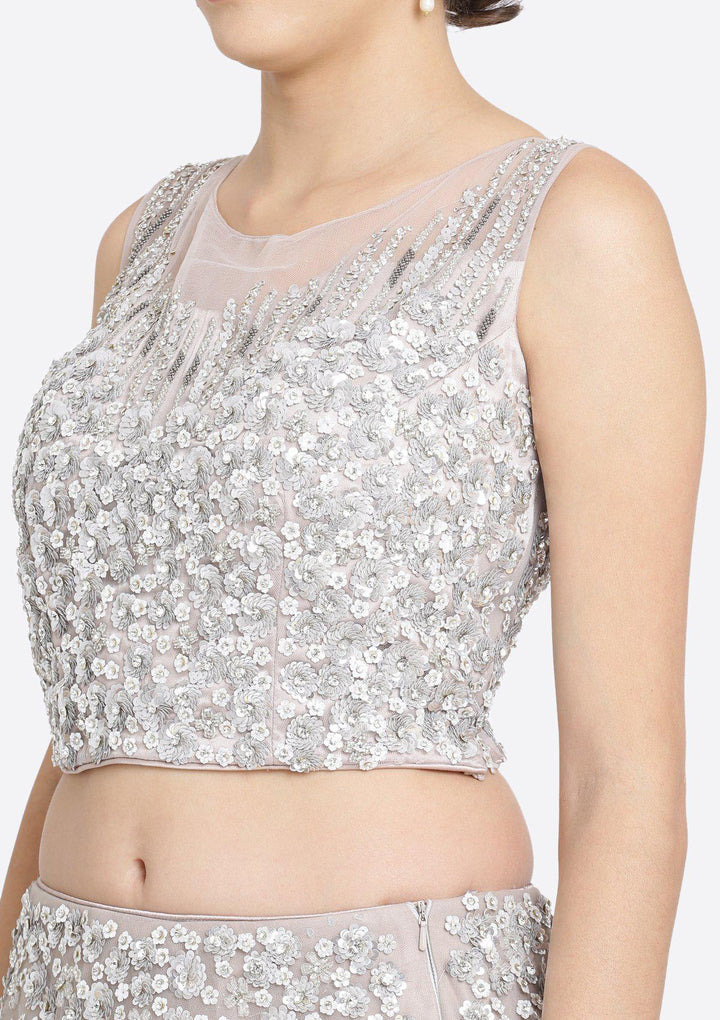 Light Grey Sequins Net Designer Lehenga-Koskii