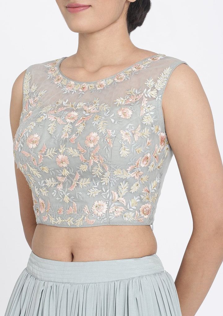 Light Grey Threadwork Georgette Designer Lehenga - koskii