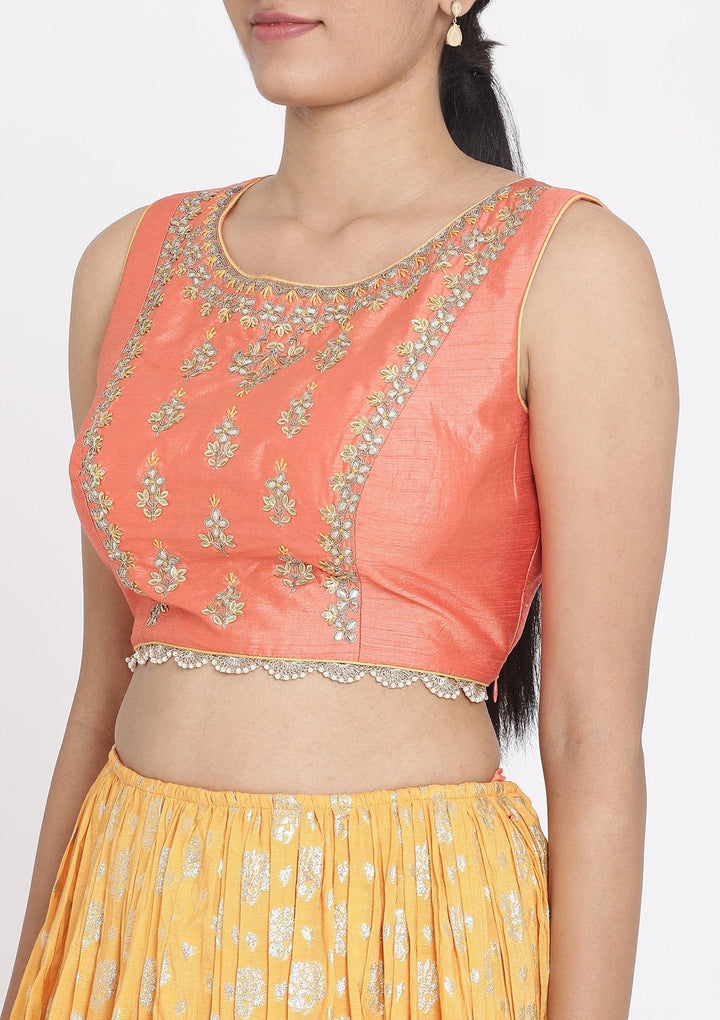 Mustard And Peach Gotapatti Art Silk Designer Lehenga - koskii