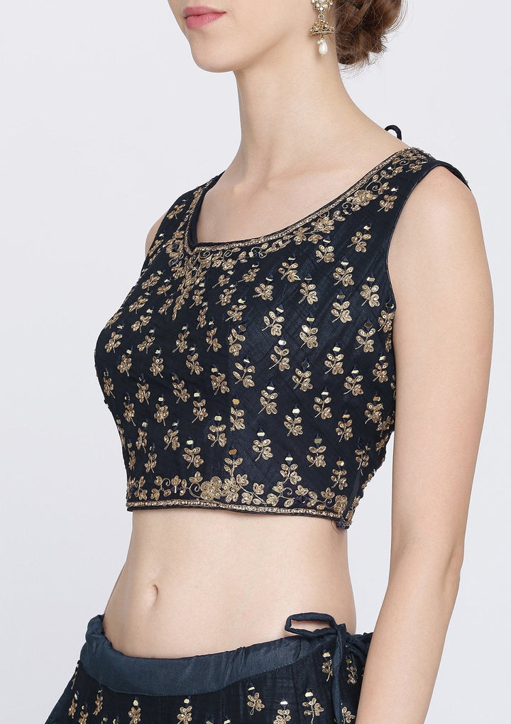 Navy Blue Mirrorwork Net Designer Lehenga-Koskii