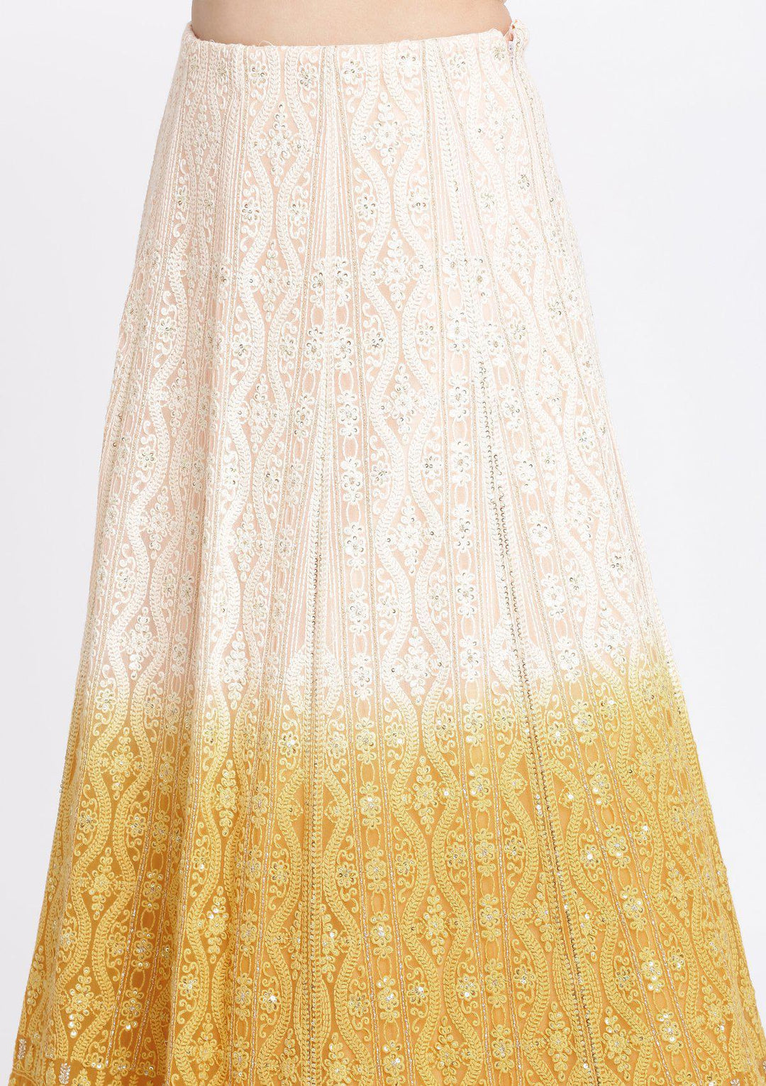 Chrome Yellow and Peach Mirrorwork Georgette Designer Lehenga-Koskii
