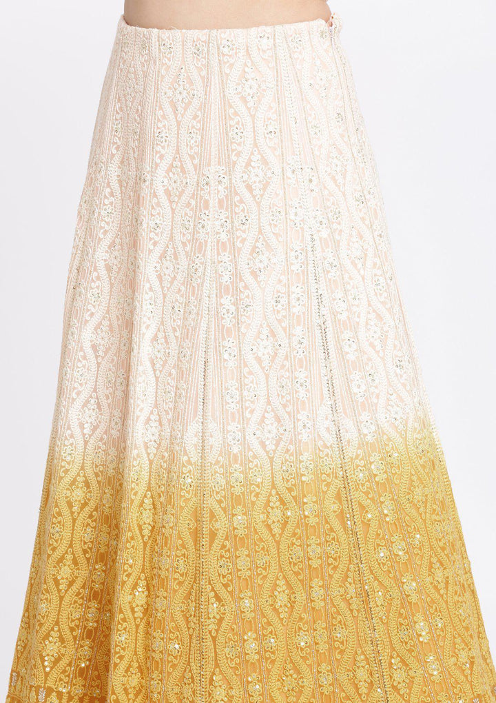 Chrome Yellow and Peach Mirrorwork Georgette Designer Lehenga-Koskii