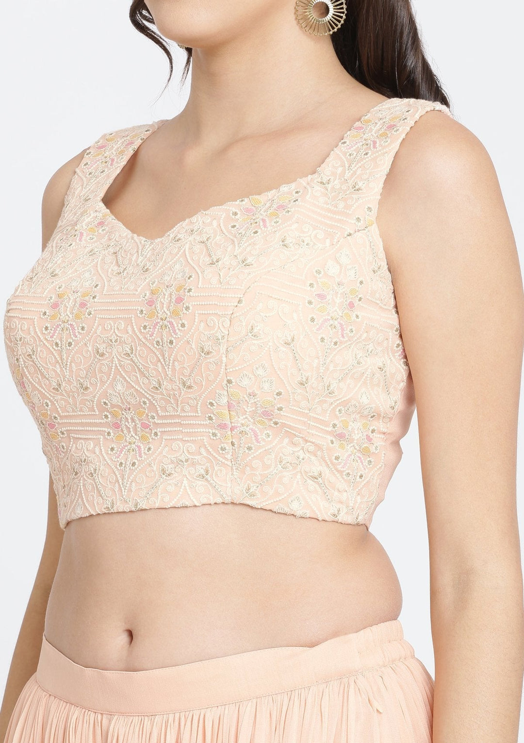 Peach Threadwork Georgette Designer Crop Top Set-Koskii