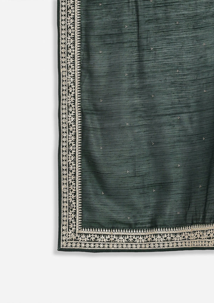 Bottle Green Zariwork Raw Silk Designer Gown - koskii