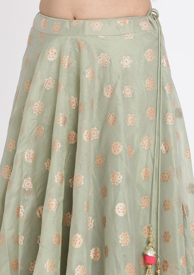Pista Green And Pink Mirrorwork Tissue Designer Lehenga - koskii