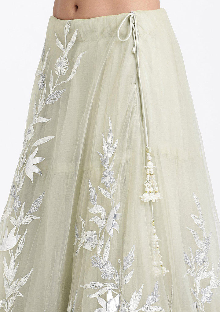 Pista Green Sequinned Net Designer Lehenga-Koskii