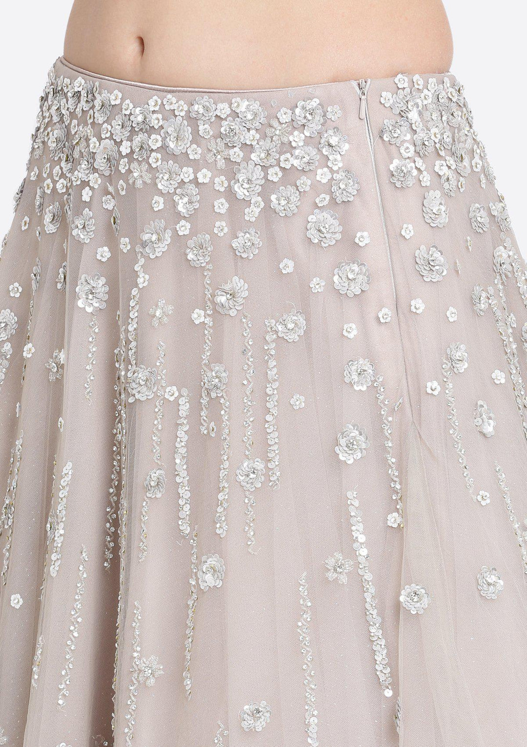 Light Grey Sequins Net Designer Lehenga-Koskii