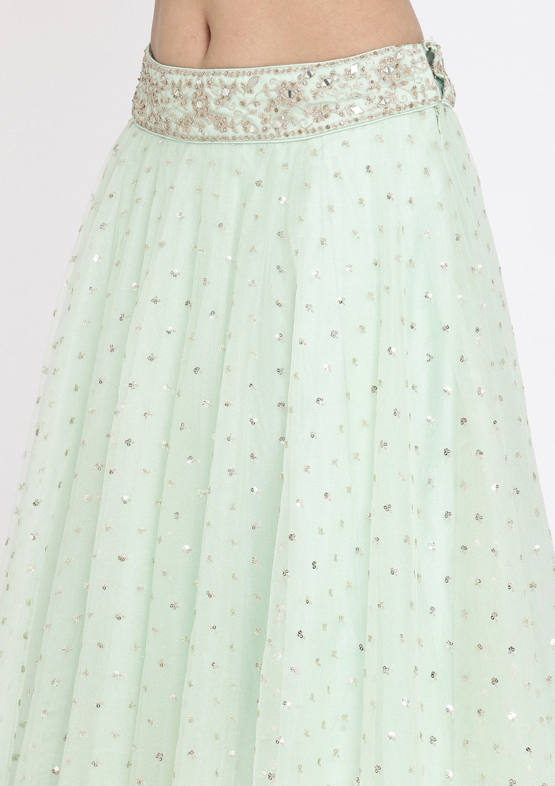 Pista Green Zariwork Net Designer Lehenga - koskii