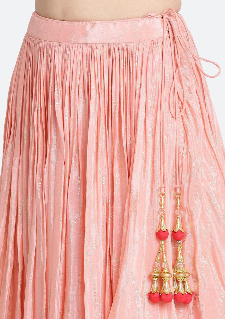 Peach and Fuschia Mirrorwork Satin Designer Lehenga-Koskii