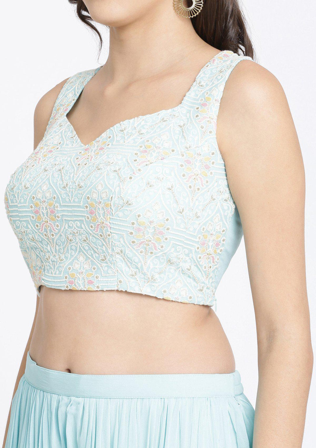 Sky Blue Threadwork Georgette Designer Crop Top Set-Koskii