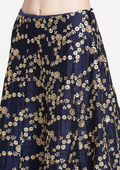 Navy Blue Stonework Rawsilk Designer Lehenga-Koskii