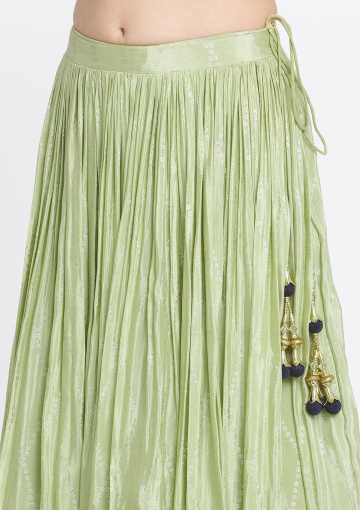 Pista Green and Navy Blue Mirrorwork Satin Designer Lehenga-Koskii