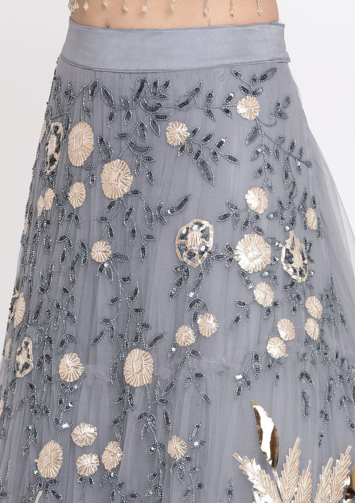 Dark Grey Cutdana Net Designer Lehenga-Koskii