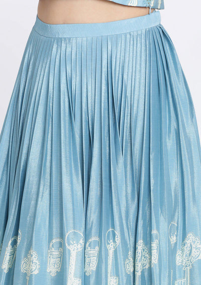 Baby Blue Print Satin Designer Lehenga-Koskii