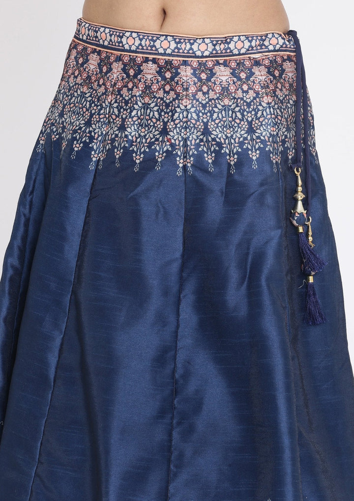 Navy Blue Printed Raw Silk Designer Lehenga - koskii