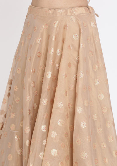 Light Brown And Peach Mirrorwork Tissue Designer Lehenga - koskii