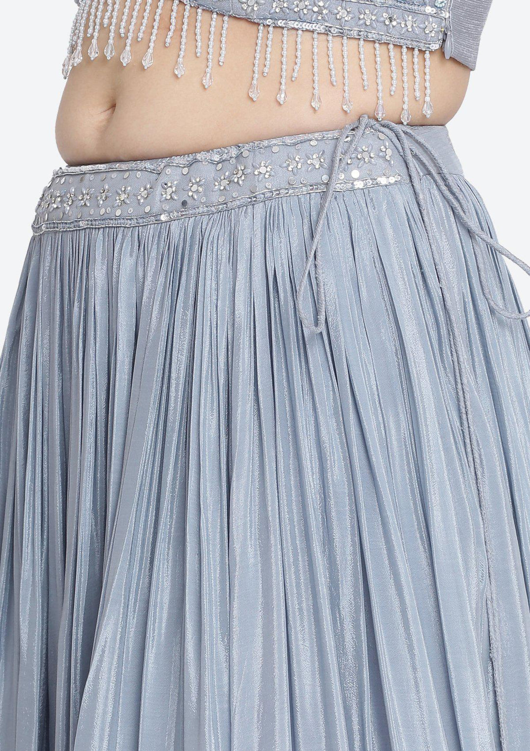 Light Grey Sequinned Satin Designer Lehenga-Koskii