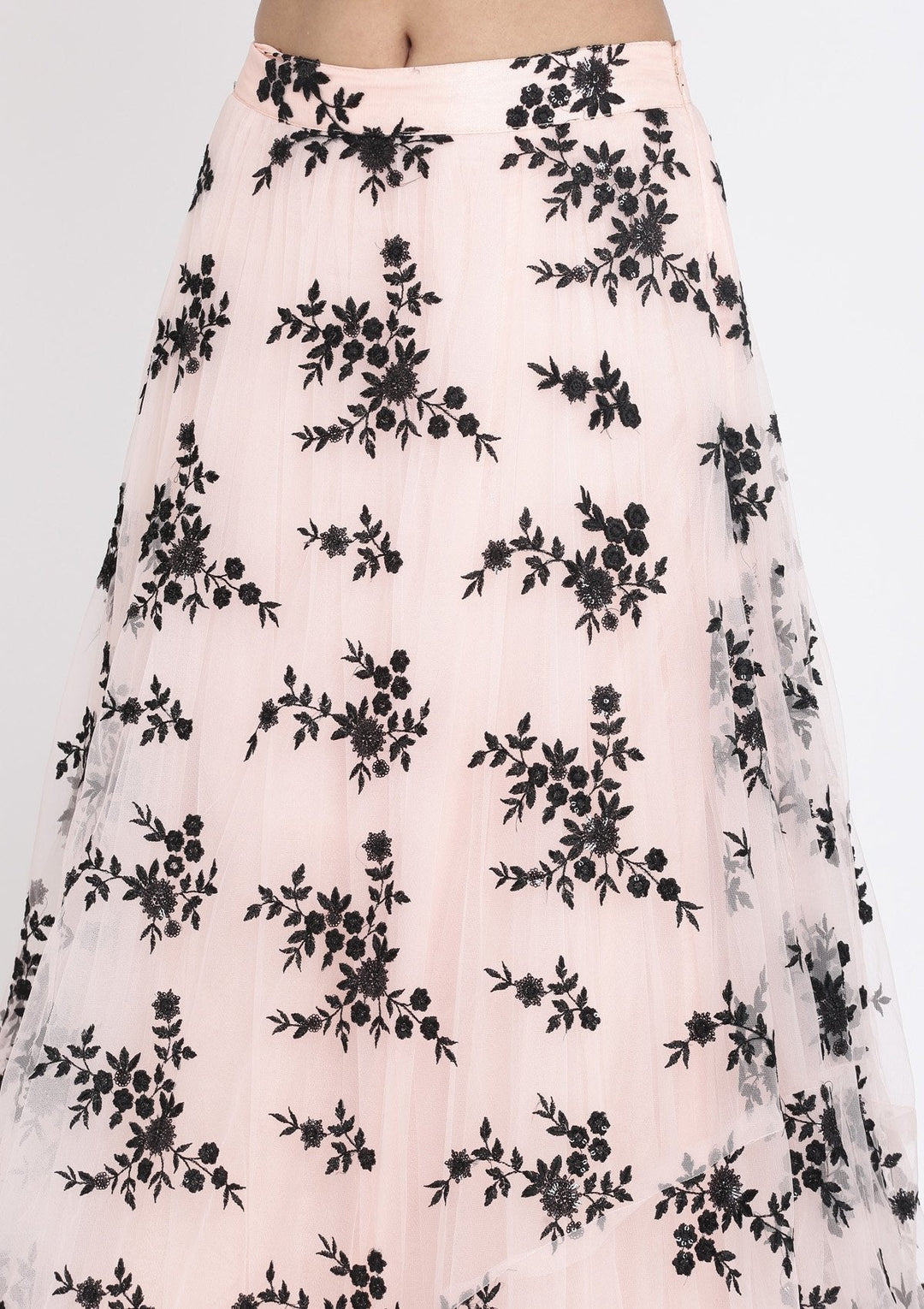 Baby Pink And Black Applique Net Designer Lehenga - koskii